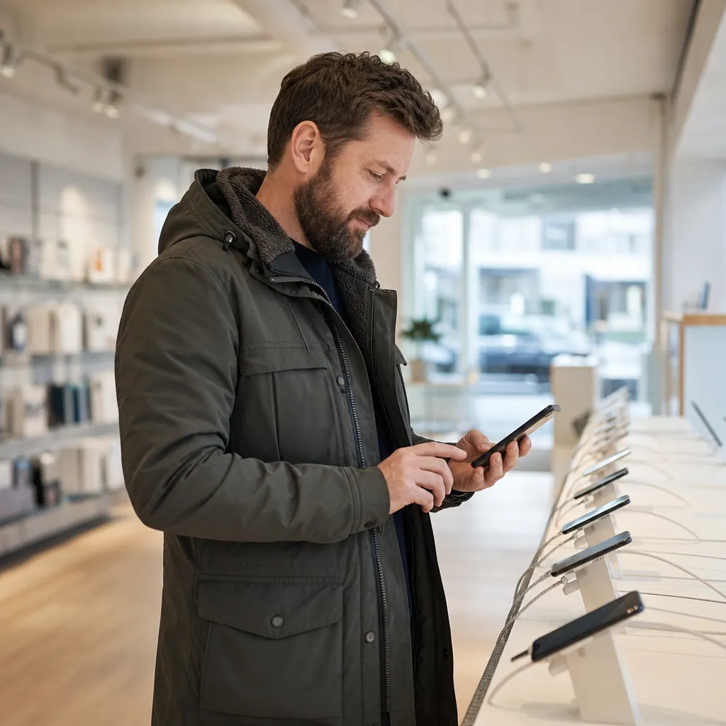 Person tittar på mobil i butiksmiljö