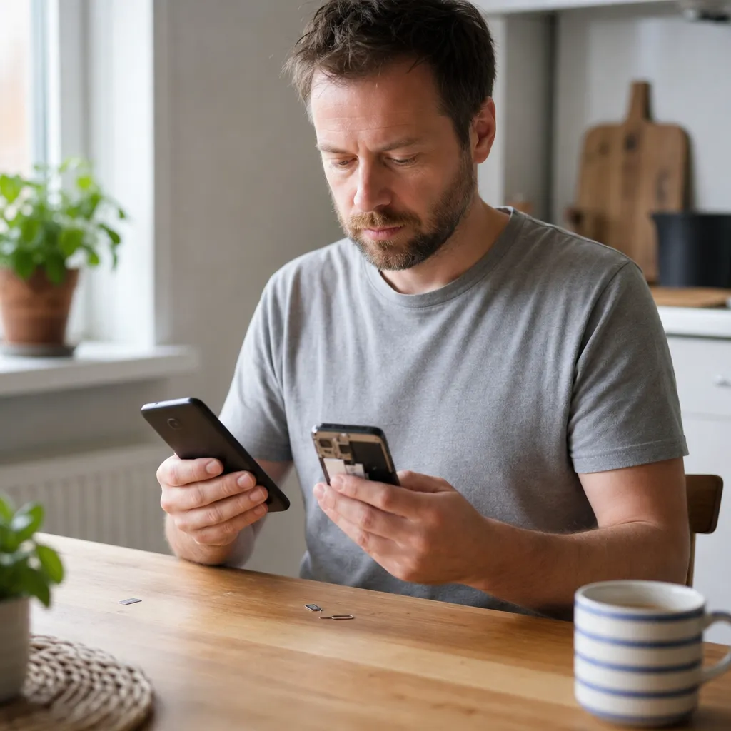Person byter SIM-kort mellan två mobiltelefoner