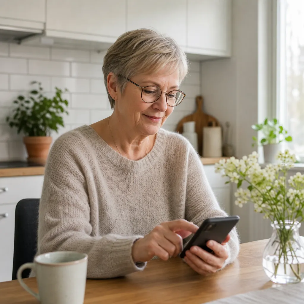 Äldre person använder mobiltelefon